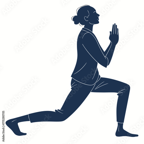 Silhouette of a woman in a deep lunge yoga pose with hands pressed together in prayer position