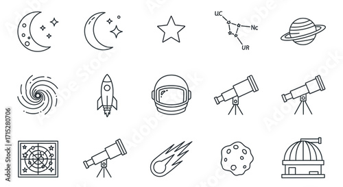 Collection of Simple Line Art Space Icons - Stars, Planets, Rockets, Telescopes.