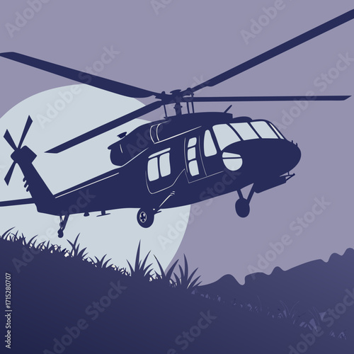 Silhouette of a military helicopter in flight against a pale moon and a purple sky over a grassy hill