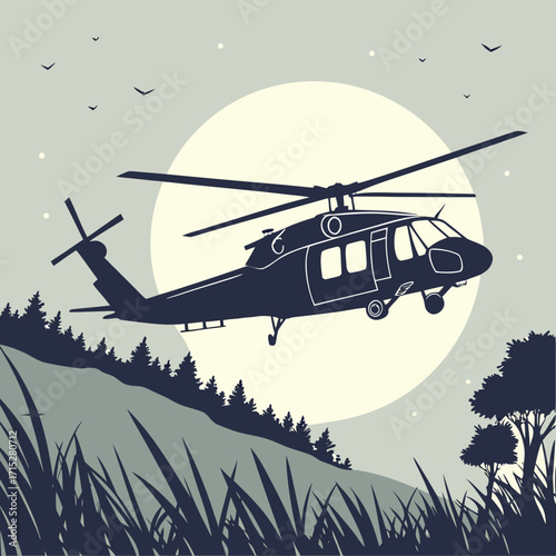 Silhouette of a modern helicopter flying over a forested hillside with a large moon in the background
