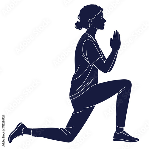 Silhouette of a woman performing a lunge exercise with hands pressed together in a prayer pose for fitness and wellness