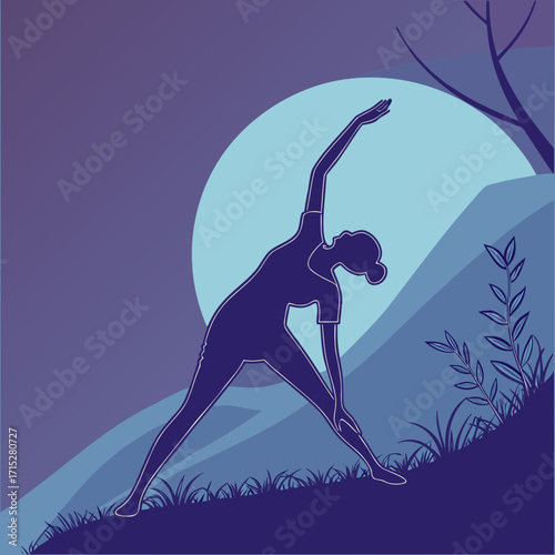 Silhouette of a woman performing a yoga triangle pose outdoors with a large moon and stylized landscape in the background