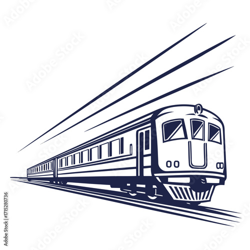 Stylized dark blue illustration of a modern passenger train speeding along railway tracks with motion lines