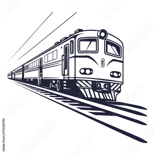 Stylized illustration of a modern passenger train traveling on tracks with overhead power lines against a white background
