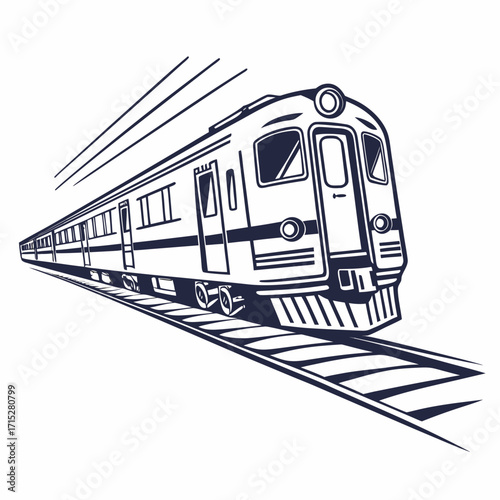 Stylized monochrome illustration of a modern passenger train speeding along its tracks with motion lines conveying speed and progress