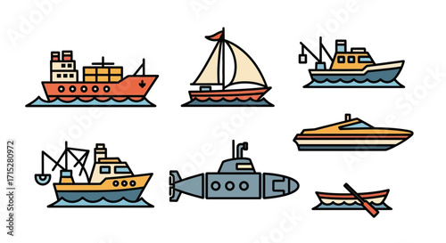 Colorful Cartoon Ships and Submarine Collection with Outlines.