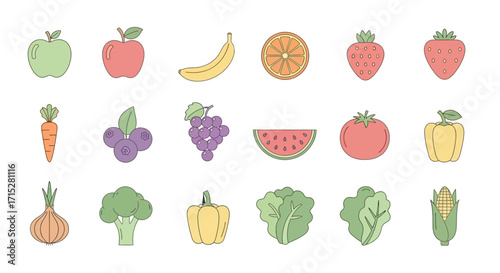 Colorful Flat Design Fruits and Vegetables Collection with Outlines.