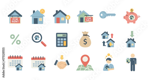 Colorful Flat Icon Set for Real Estate and Finance.