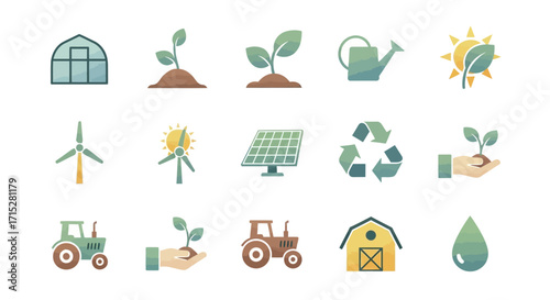Colorful Flat Icons Representing Sustainable Agriculture, Eco-Friendly Practices, and Green Energy.