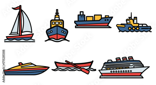 Colorful Line Art Collection of Various Water Vessels.