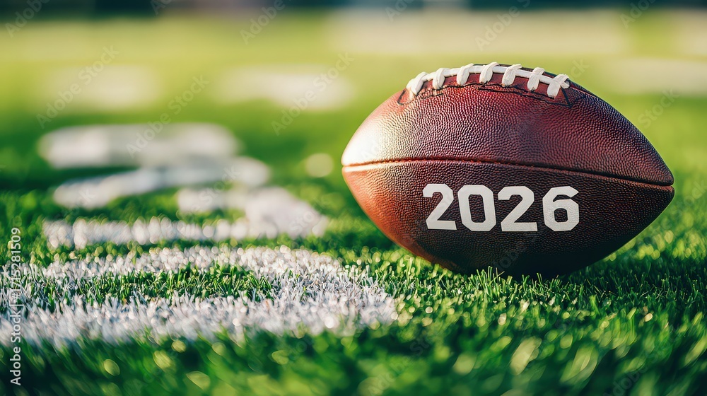 Obraz premium An american football with the year 2026 written on it sits on the green grass of a football field, symbolizing the upcoming season and future games