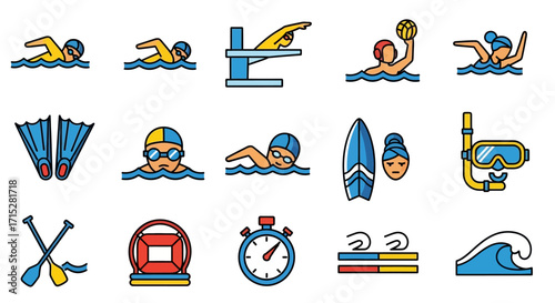 Colorful Swimming and Water Sports Icons Set.