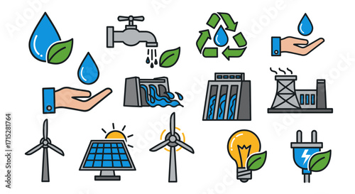 Colorful Vector Icons Representing Sustainable Energy and Environmental Conservation.