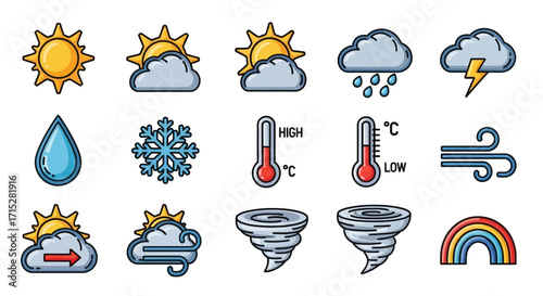 Colorful Weather Icons Set Depicting Sun, Clouds, Rain, and Various Conditions.