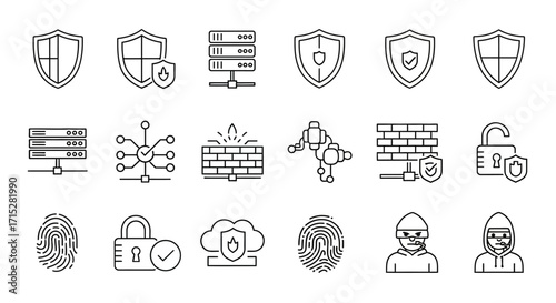 Cybersecurity and data privacy thin line icon set, including shields, servers, firewalls, and locks.