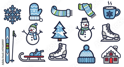 Cute cartoon winter season icons set - snowman, skis, hat, mittens, snowflake, scarf, skates, mug, tree, house.