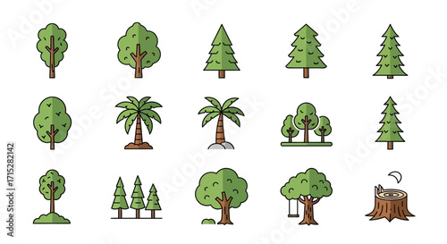 Diverse Cartoonish Tree Icons Collection with Outlined Green Foliage and Brown Trunks.
