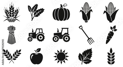 Diverse black silhouette agriculture icons - wheat, corn, pumpkin, apple, tractor, pitchfork, and hay bale.