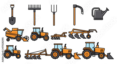 Diverse Collection of Outlined Farm Tools and Agricultural Machinery Icons.