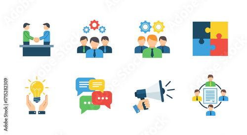 Eight vibrant flat design business and communication icons set, featuring teamwork, ideas, and agreements.