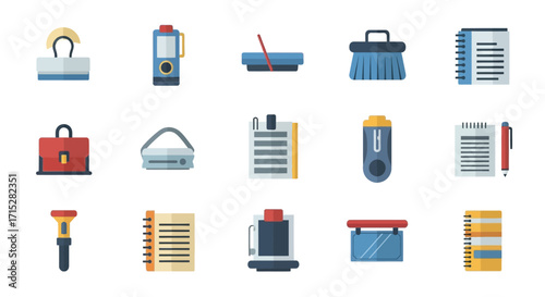 Flat Design Office Supplies and Tools Icons Set.