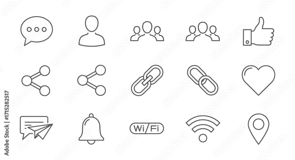 Fototapeta premium Hand-drawn social media and communication icon set in a sketchy, thin line art style, featuring like, share, and user symbols.