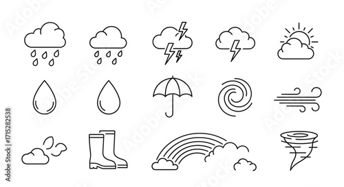 Minimalist black outline weather icons set, featuring clouds, rain, sun, wind, umbrella, and rainbow symbols.