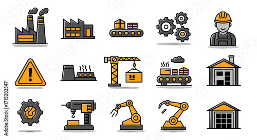 Industrial Icons - Factory, Crane, Gears, Conveyor Belt, Worker, and Machinery.