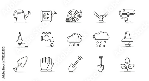 Line Art Collection of Gardening Tools and Equipment for Horticultural Activities.