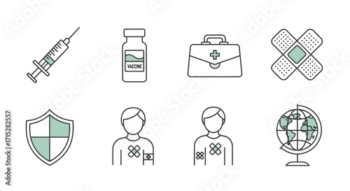 Medical Icon Set - Syringe, Vaccine Vial, First Aid Kit, Bandage, Shield, Patients, and Globe.