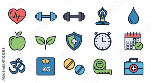 Health and Wellness Icon Set - Heartbeat, Dumbbells, Yoga, Water, Apple, Plants, Shield.