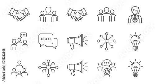 Hand-drawn style business and communication line icon set with handshake, team, and idea symbols.