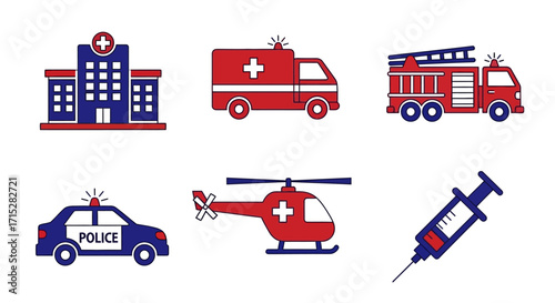 Red and blue flat design icons for emergency services and medical aid, including hospital, vehicles, and syringe.