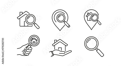 Real Estate Search Icons - House, Location Pin, Magnifying Glass, Hand.