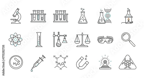Science and laboratory equipment icons, including microscope, test tubes, DNA, and atom.