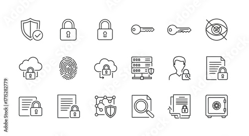 Security Icons Set - Padlocks, Keys, Shield, Cloud, Fingerprint, Server, User, Safe, and Document Icons.