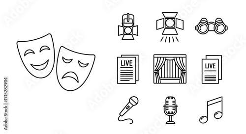 Theater Icons - Comedy and Tragedy Masks, Stage Lights, Curtains, Microphone, Music Note.