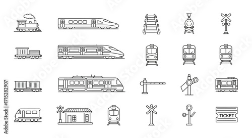 Train Line Art Icons - Locomotive, Rails, and Signals.
