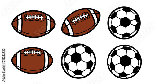 Vector illustration of brown American footballs with white laces and classic black and white panel soccer balls.