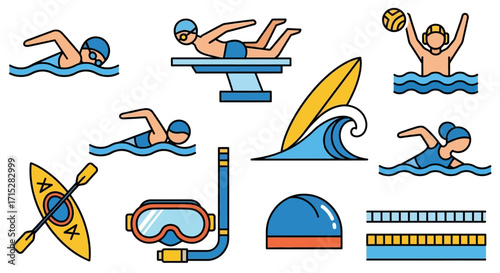 Water Sports Icons - Swimming, Diving, Surfing, Kayaking, Water Polo, Snorkeling, Pool.