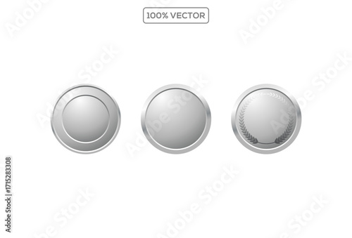 Award silver  blank medals 3d vector realistic illustration.second  place medals or buttons isolated on white background. Quality blank, empty badge, emblem set