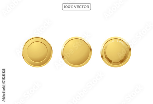 Award golden,blank medals 3d vector realistic illustration. First place medals or buttons isolated on white background. Quality blank, empty badge, emblem set