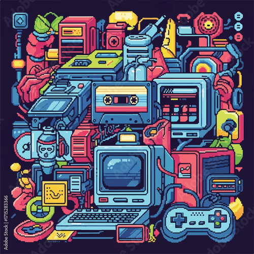 Vibrant digital illustration of assorted retro electronic devices and gadgets in a colorful, stylized composition against a dark background.
