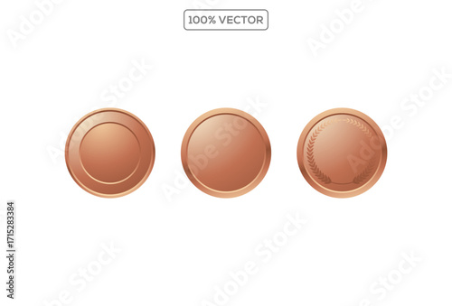 Award bronze blank medals 3d vector realistic illustration. third place medals or buttons isolated on white background. Quality blank, empty badge, emblem set