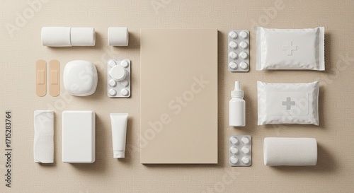 First Aid Kit Supplies Flat Lay with Blank Mockup Space