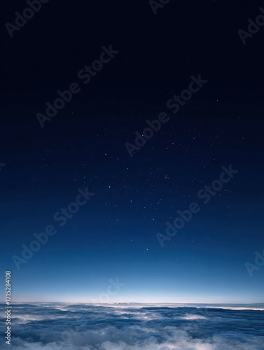 Starry night sky above vast sea of clouds with blue gradient horizon, tranquil celestial landscape representing universe, astronomy, cosmos, nature, peaceful atmosphere and dreamy cosmic environment f