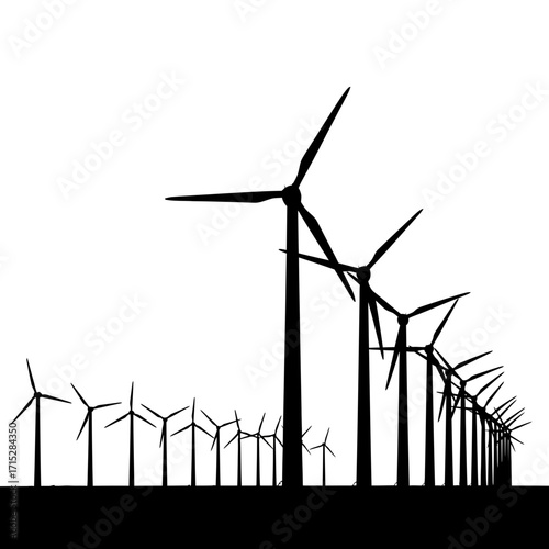 Row of wind turbines in silhouette isolated on white background