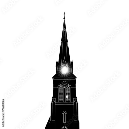 Gothic church steeple silhouette with glowing window isolated on white background