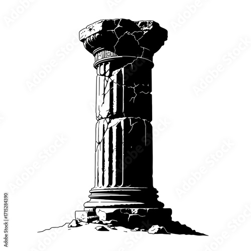 Ancient cracked stone column silhouette isolated on white background