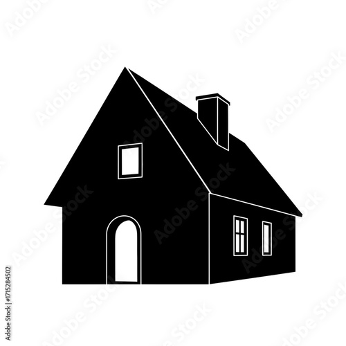 Black silhouette of a house with a chimney isolated on white background